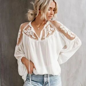 Boho White Lace Cut Out Mesh Off Shoulder Flowy Long Puff Sleeve Top Blouse